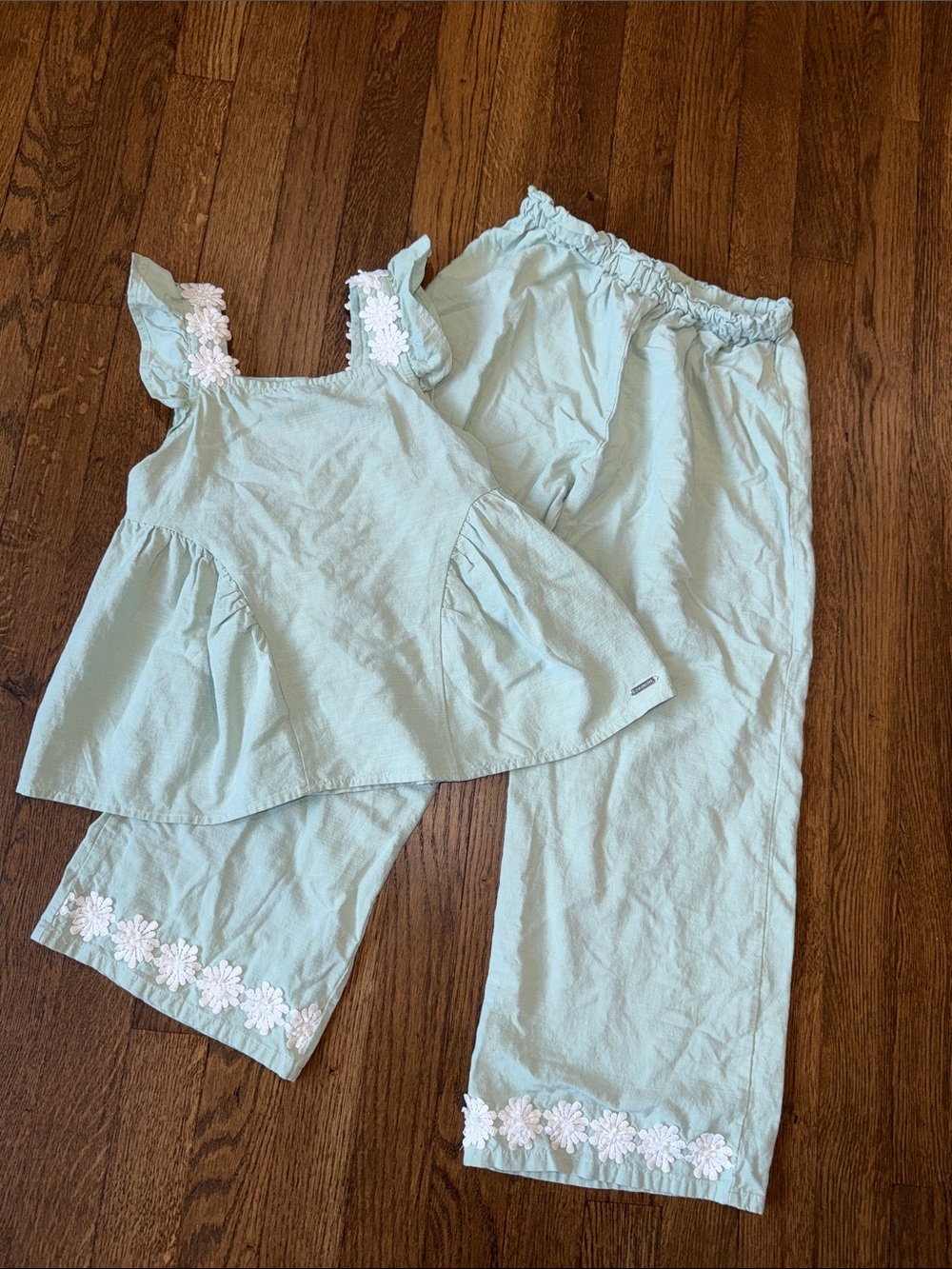 Tahari Light Mint Two-Piece Pajama Set with White Floral Trim